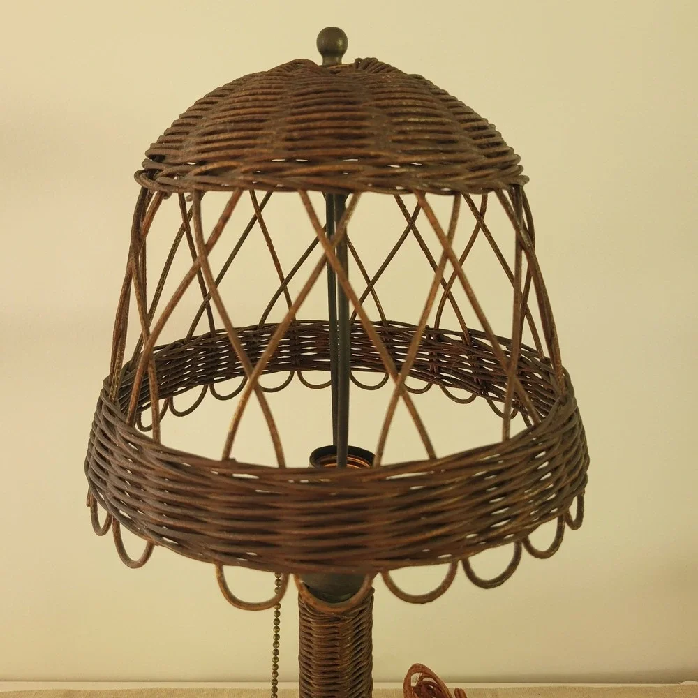 Antique Vintage Art Deco Mushroom Wicker Table Lamp Woven Rattan Brown 18